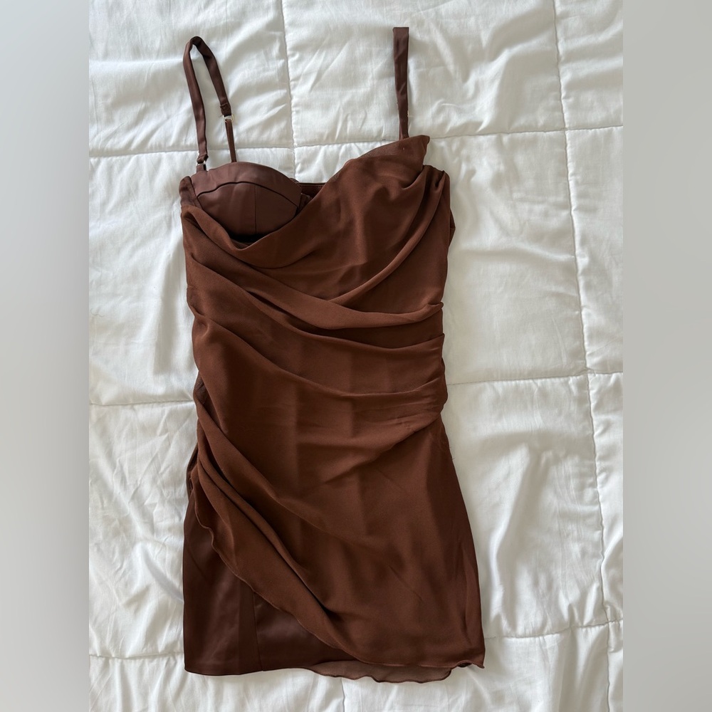 Oh Polly Brown Corset Draped Slip Mini Dress